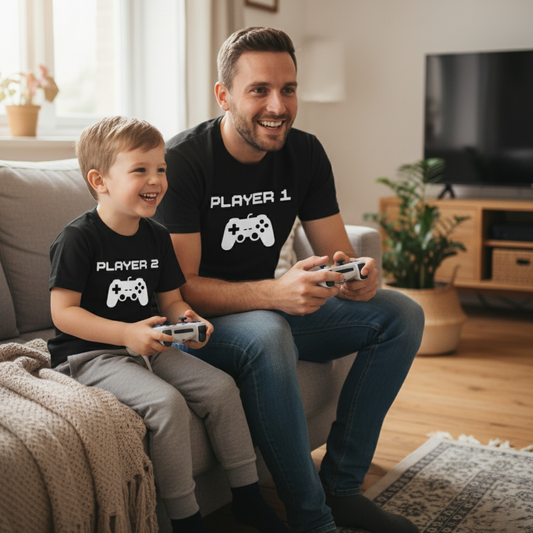 Player 1 & Player 2 Matching T-Shirt Set – Father & Son Gamer Duo