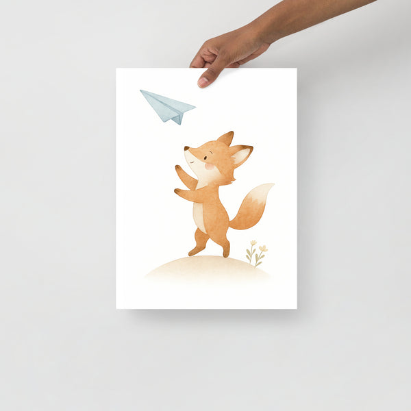 Cute Fox Tossing Paper Airplane – Minimalist Watercolor Kids Room Poster