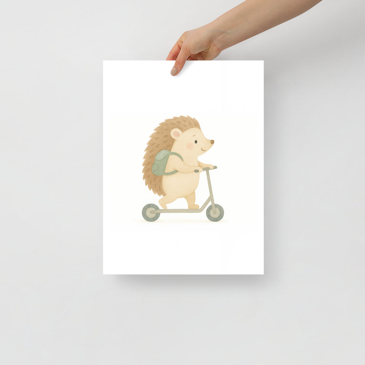 Cute Hedgehog Riding Scooter – Minimalist Watercolor Kids Room Poster